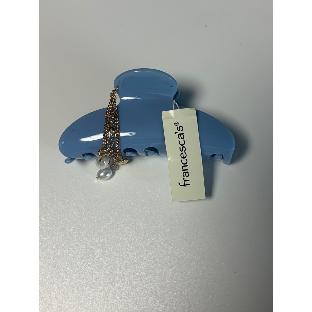 Francesca's Blue Hair Claw Clip Gold Chain Faux Pearl Bow Charm NWT